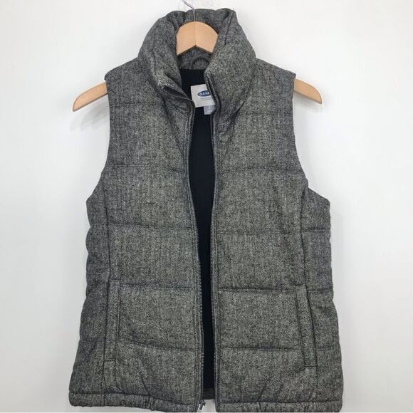 Old Navy Gray Marled Tweed Fleece Lined Zip Up Puffer Vest - Picture 2 of 16
